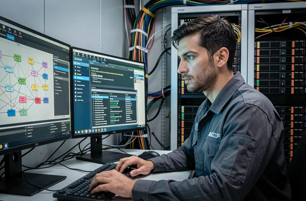 Spécialiste réseau et sécurité d'Absoluce Informatique configurant un pare-feu sur des serveurs professionnels