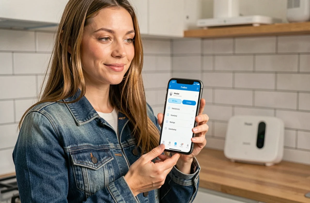 Femme consultant les paramètres d'accès distant de sa Freebox sur un smartphone dans une cuisine moderne