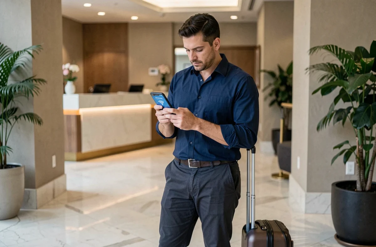 Homme d'affaires consultant le portail WiFi de son hôtel sur son smartphone dans un hall moderne