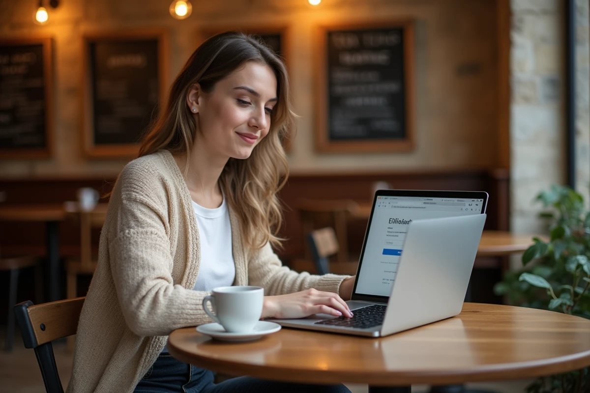 Jeune femme accédant à sa messagerie web Dijon depuis un café avec son ordinateur portable de manière sécurisée