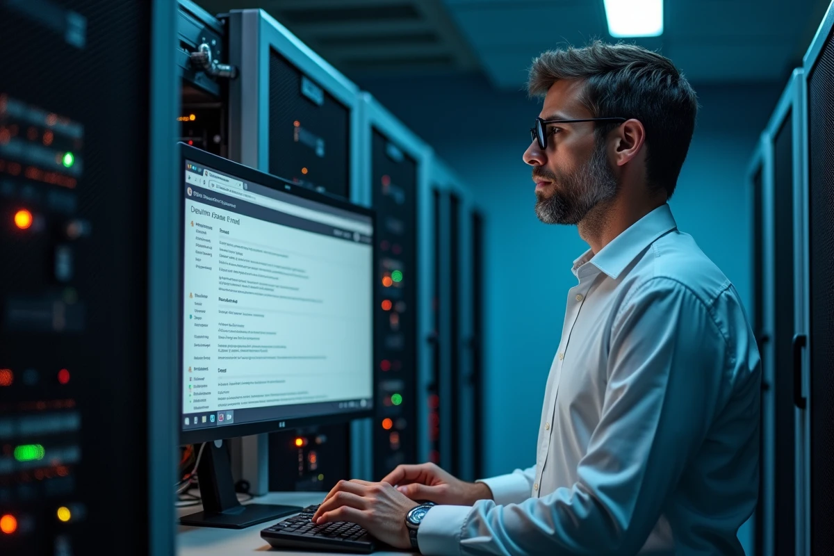 Administrateur informatique vérifiant les paramètres de sécurité du webmail universitaire dans une salle de serveurs