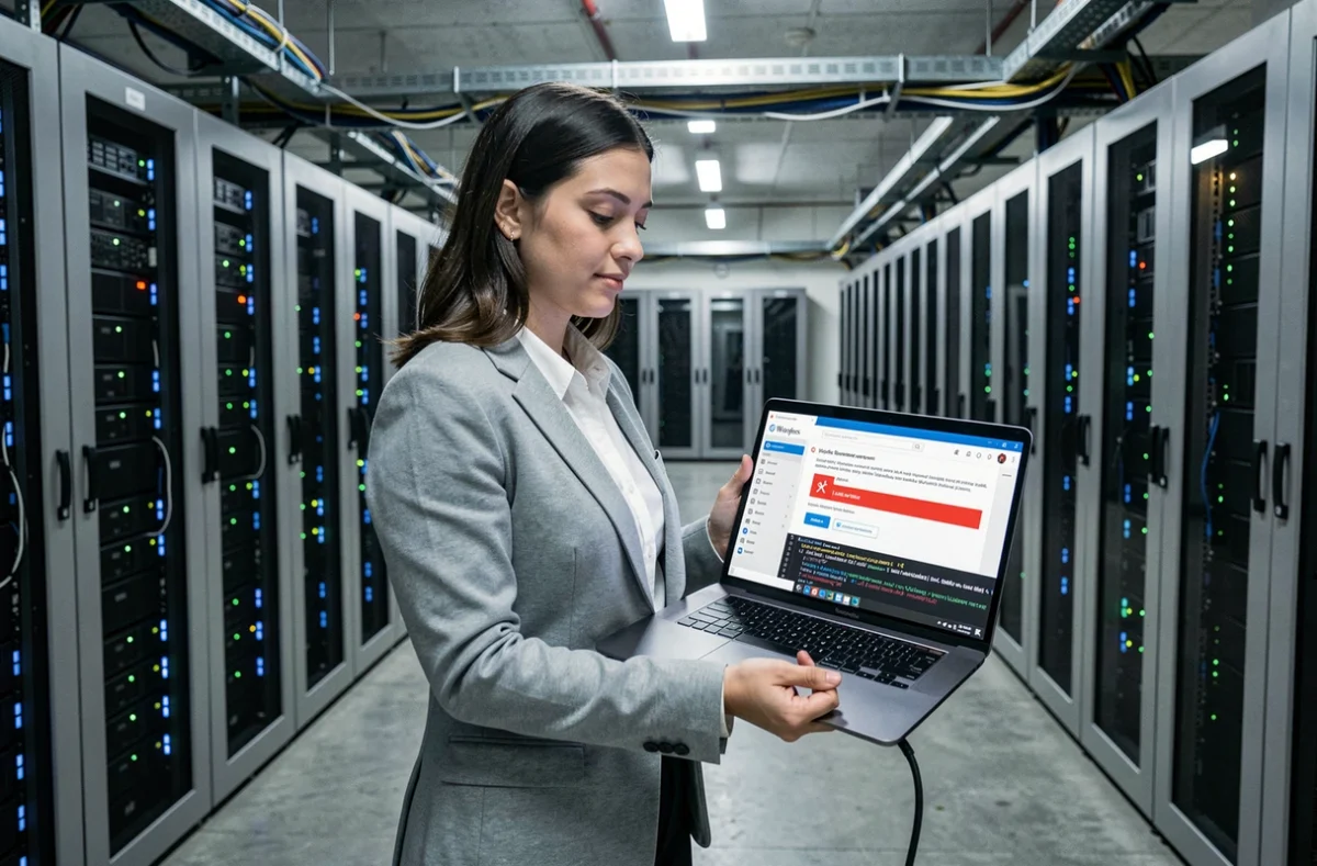 Administratrice système dans une salle de serveurs inspectant les logs d'une erreur 503 WordPress sur un laptop