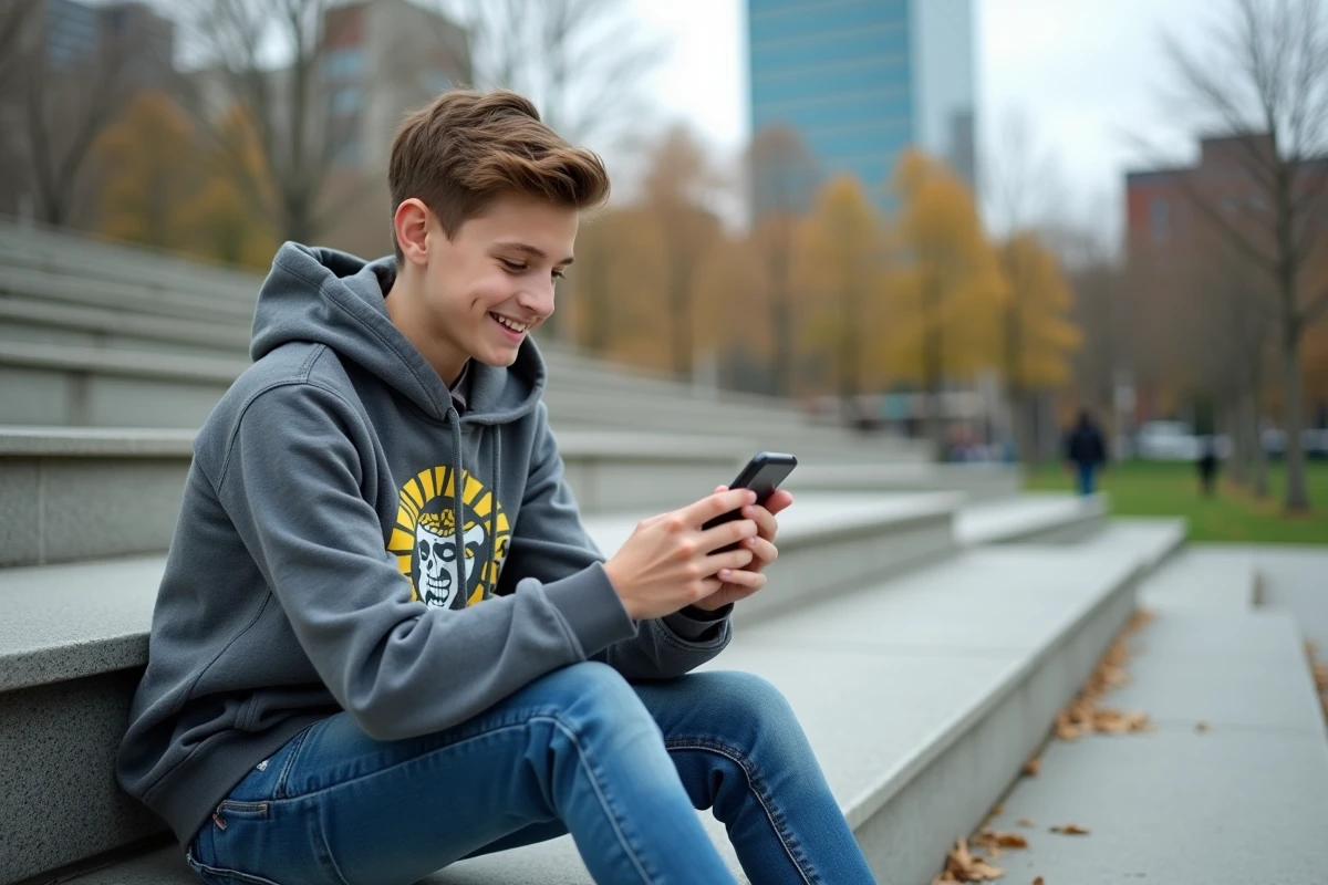 Adolescent souriant avec smartphone dans un parc urbain