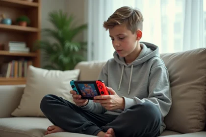 Adolescent jouant à Roblox sur Nintendo Switch en mode portable, assis sur un canapé dans un salon confortable
