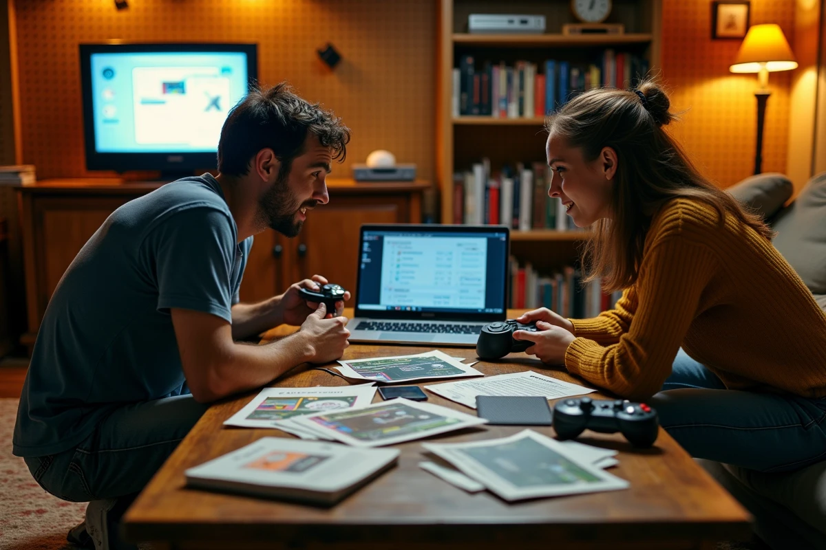 Deux amis passionnés de rétro-gaming consultant des manuels et configurant un émulateur dans une salle de jeux avec télévision CRT et étagères de cartouches
