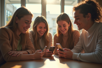 Groupe d'amis jouant au jeu snake sur mobile en souriant