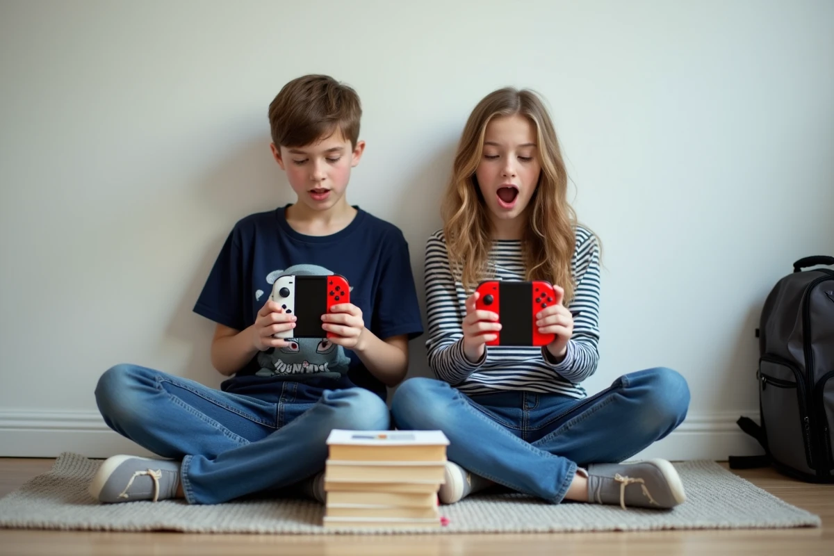 Deux adolescents jouant ensemble à Roblox en mode multijoueur local sur Nintendo Switch posée entre eux dans une chambre