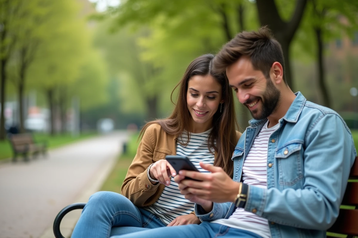 Deux amis regardant ensemble une conversation WhatsApp sur un téléphone en plein air