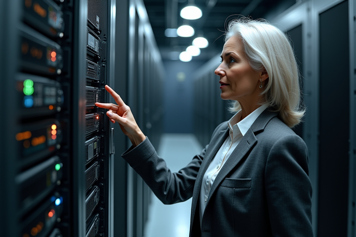 Analyste en sécurité informatique pointant un serveur dans une salle dédiée