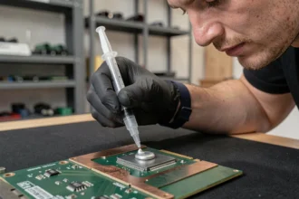 Technicien appliquant de la pâte thermique sur le die d'une carte graphique avec une seringue de précision sur un établi anti-statique