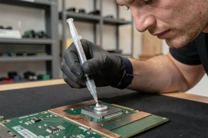 Technicien appliquant de la pâte thermique sur le die d'une carte graphique avec une seringue de précision sur un établi anti-statique