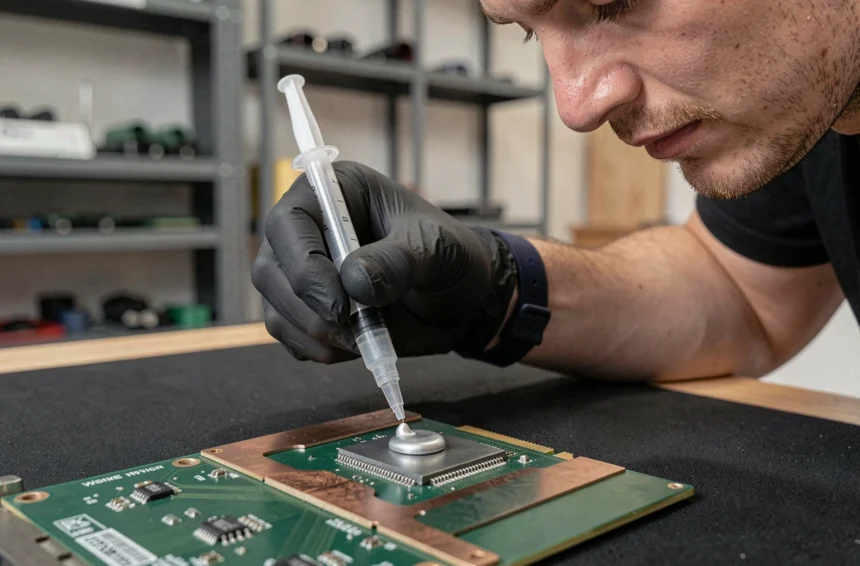Technicien appliquant de la pâte thermique sur le die d'une carte graphique avec une seringue de précision sur un établi anti-statique