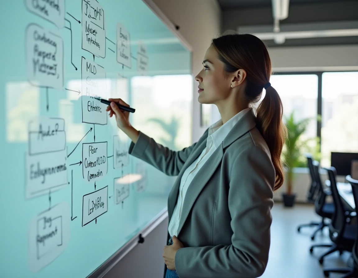 Architecte de bases de données expliquant la conversion d'un MLD en SQL devant un tableau blanc