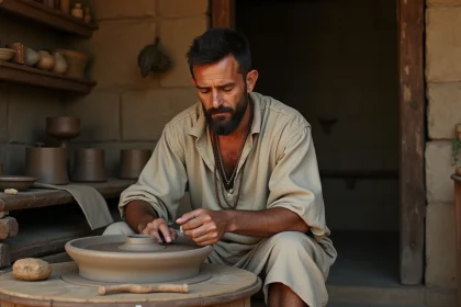 Hommes moyenâgeux examine une roue en argile dans un atelier ancien