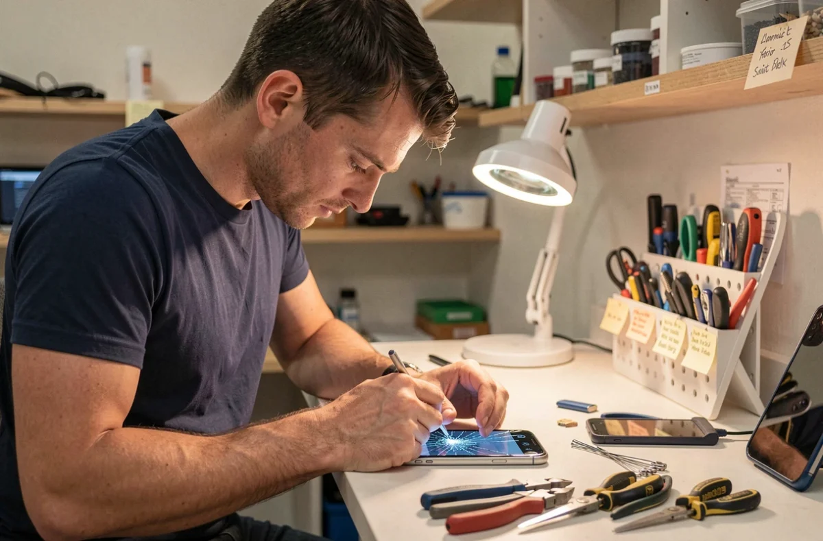 Technicien de l'Atelier de Réparation Hi-Tech remplaçant l'écran d'un smartphone à Plérin