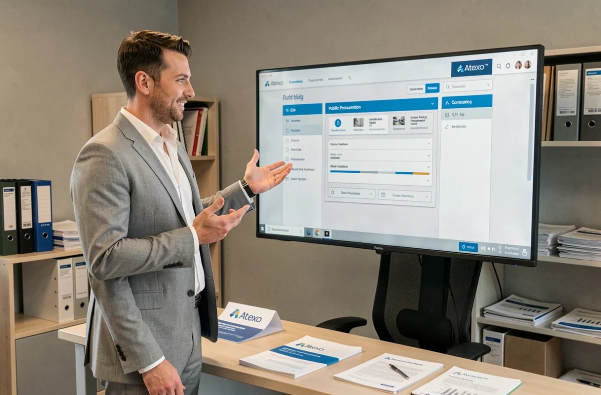 Consultant Atexo présentant une plateforme numérique de marchés publics sur un écran interactif dans un bureau parisien