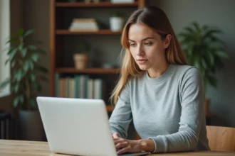 Femme analysant un audit SEO WooCommerce sur un ordinateur portable dans un bureau moderne