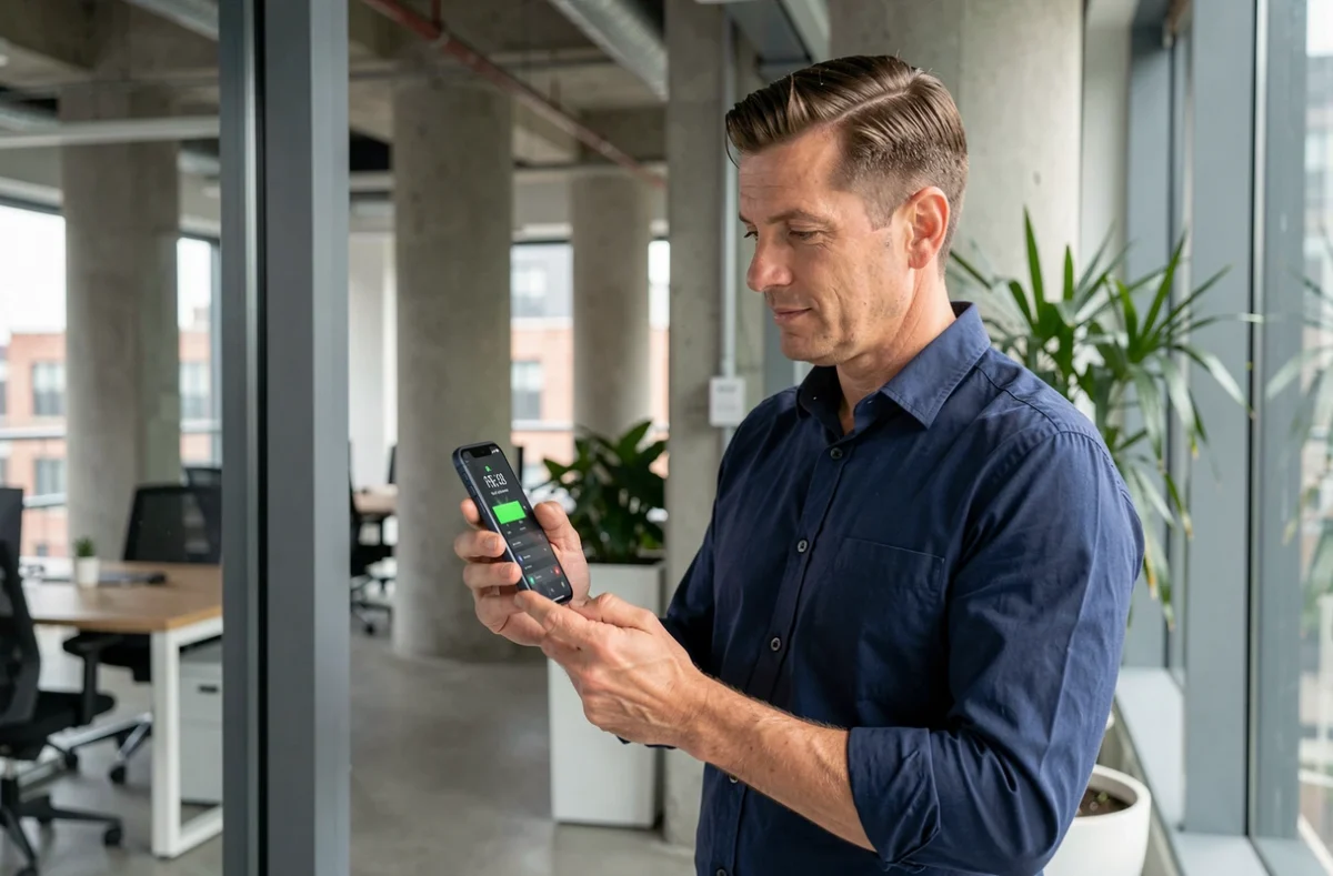 Homme vérifiant l'autonomie de la batterie après mise à jour iOS dans un bureau moderne