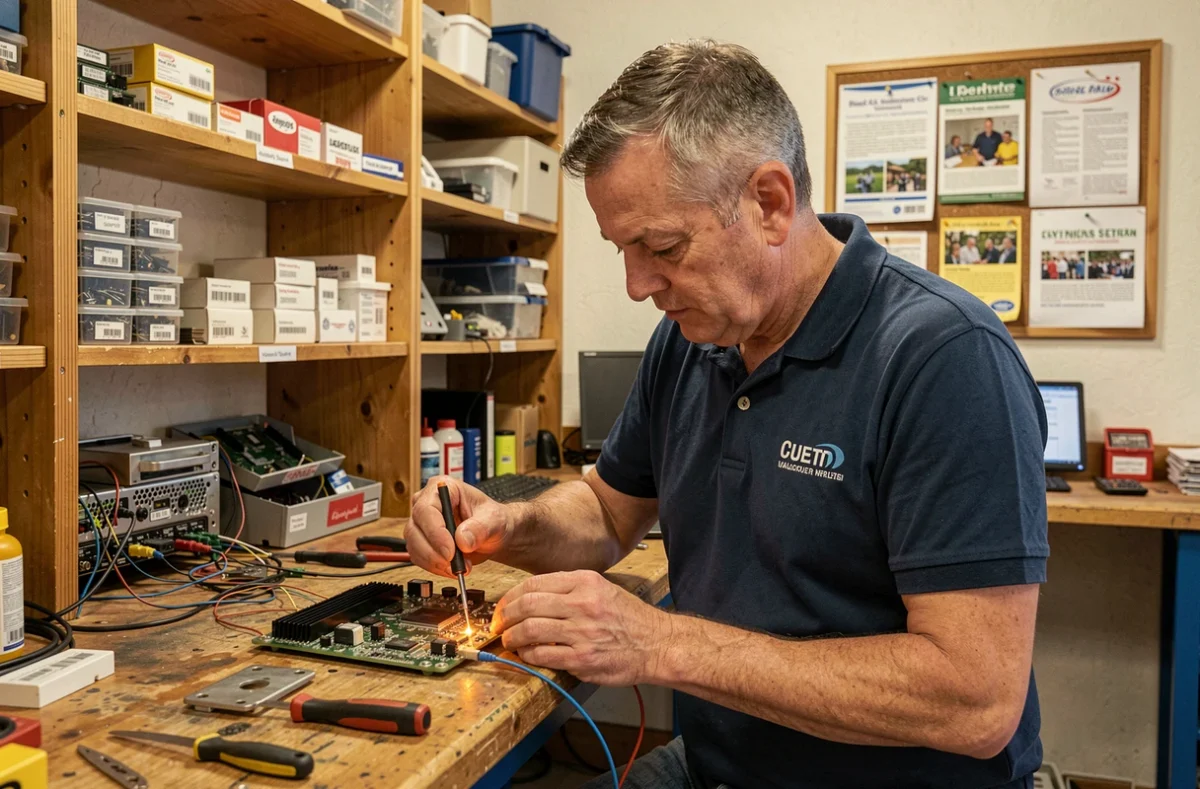 Réparateur d'Avenir.com dans son atelier du bassin de Cuers dans le Var effectuant une soudure sur une carte mère