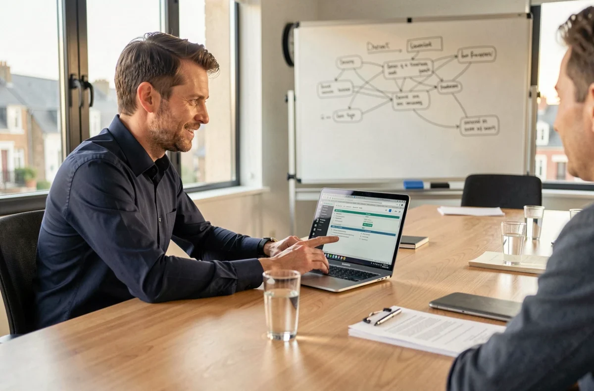 Consultant d'Axe Info présentant des solutions informatiques à un client à Lannion
