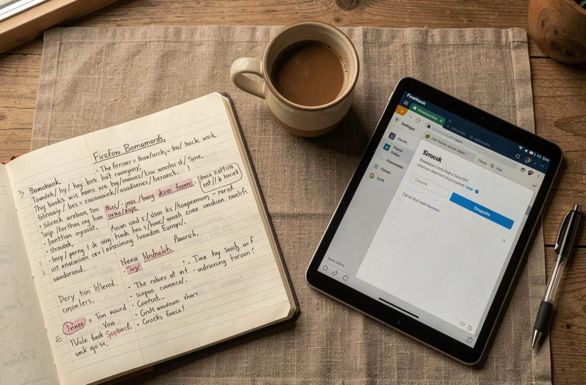 Vue de dessus d'un bureau avec carnet de notes et tablette affichant les paramètres de synchronisation Firefox
