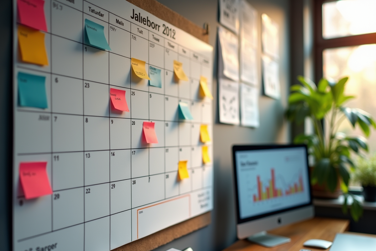 Calendrier avec notes et appareils affichant des analyses SEO