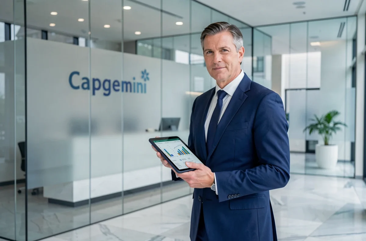 Cadre dirigeant dans le hall moderne de Capgemini à Paris tenant une tablette avec des visualisations de données