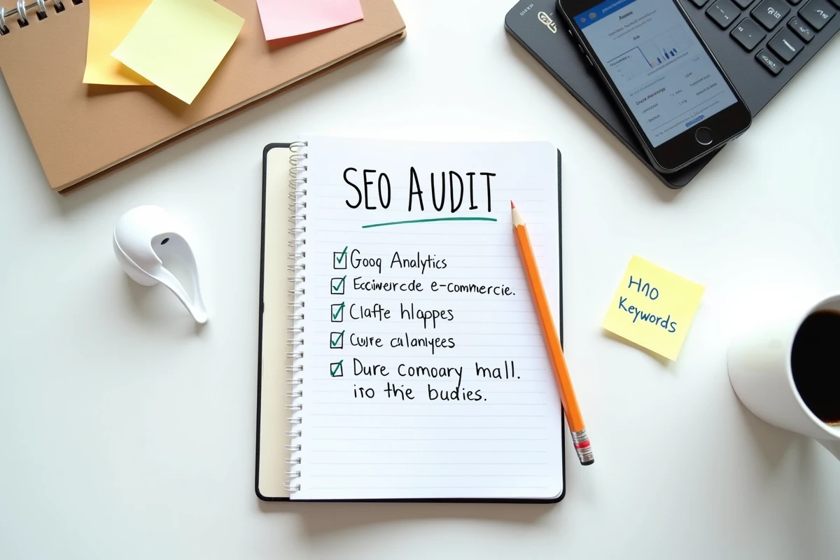 Vue de dessus d'un bureau avec checklist d'audit SEO WooCommerce, smartphone et rapport de conversion Google Analytics