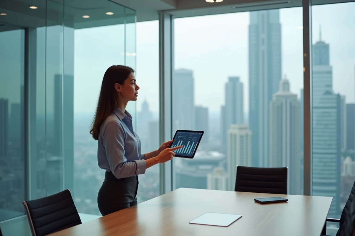 Jeune femme présentant des données de quantum computing avec une tablette en réunion