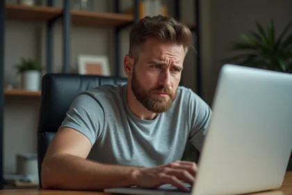 Homme confus devant son clavier d'ordinateur passé en disposition QWERTY sans raison apparente