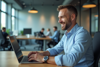 Homme d'âge moyen utilisant un chatbot AI au bureau