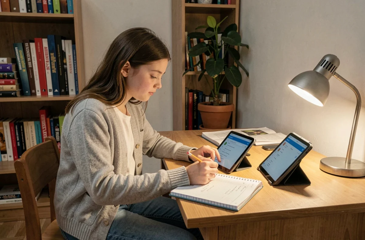 Collégienne consultant l'ENT 41 sur une tablette à la maison pour ses devoirs