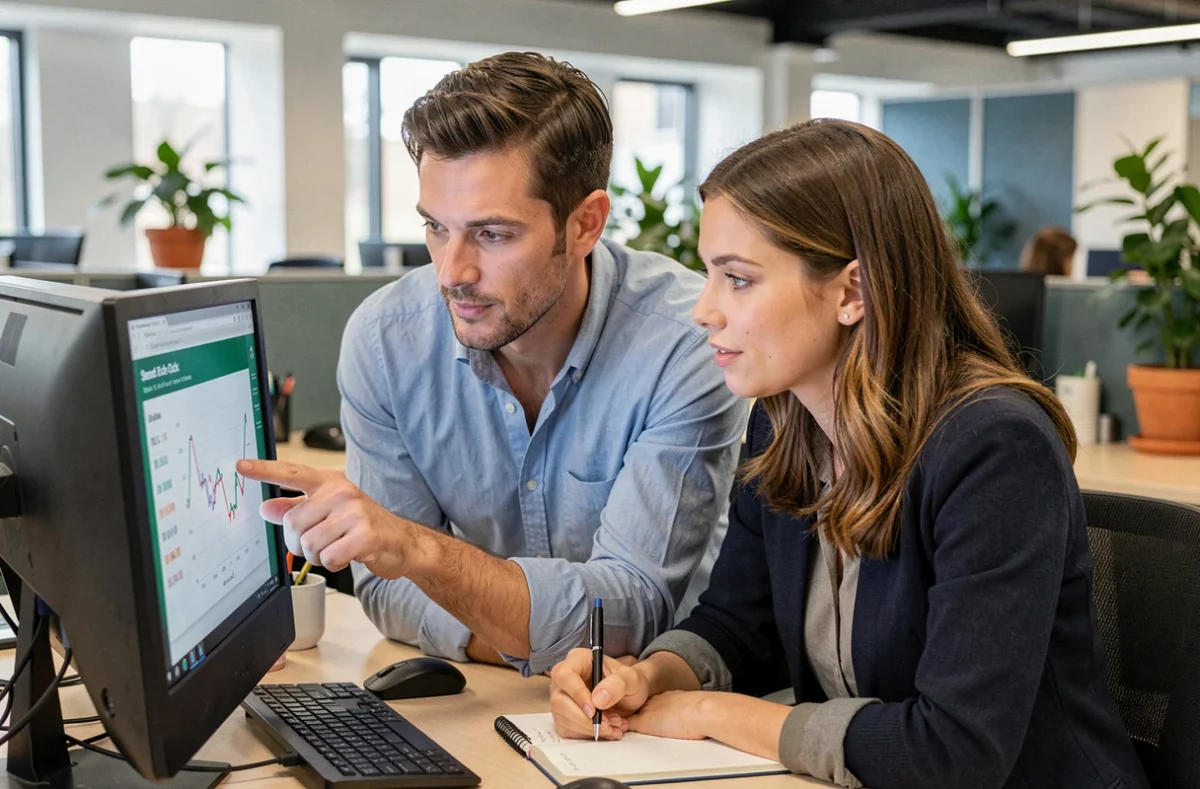 Deux collègues analysant les résultats d'un test de clic PCS sur un écran d'ordinateur de bureau en open space