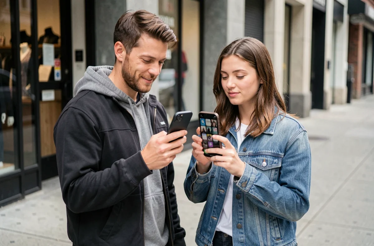 Deux personnes comparant deux modèles d'iPhone en pleine rue pour choisir le meilleur rapport qualité-prix en 2026