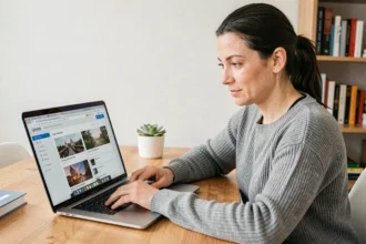 Femme comparant des hébergeurs d'images sur un ordinateur portable dans un bureau à domicile