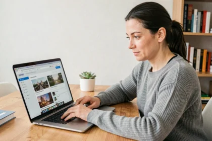 Femme comparant des hébergeurs d'images sur un ordinateur portable dans un bureau à domicile