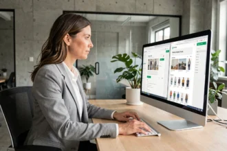 Femme en blazer gris comparant un site vitrine et une boutique en ligne sur un écran d'ordinateur dans un bureau moderne