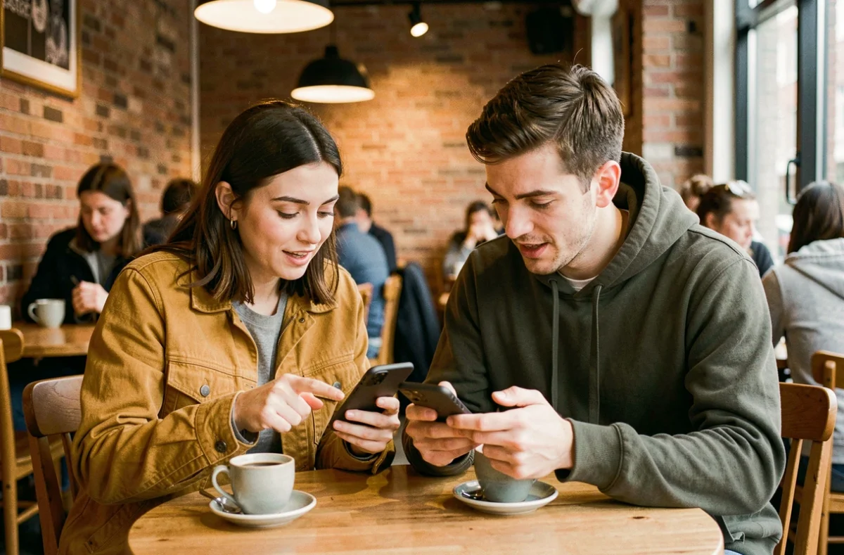 Deux personnes comparant la stabilité et les performances d'iOS dans un café