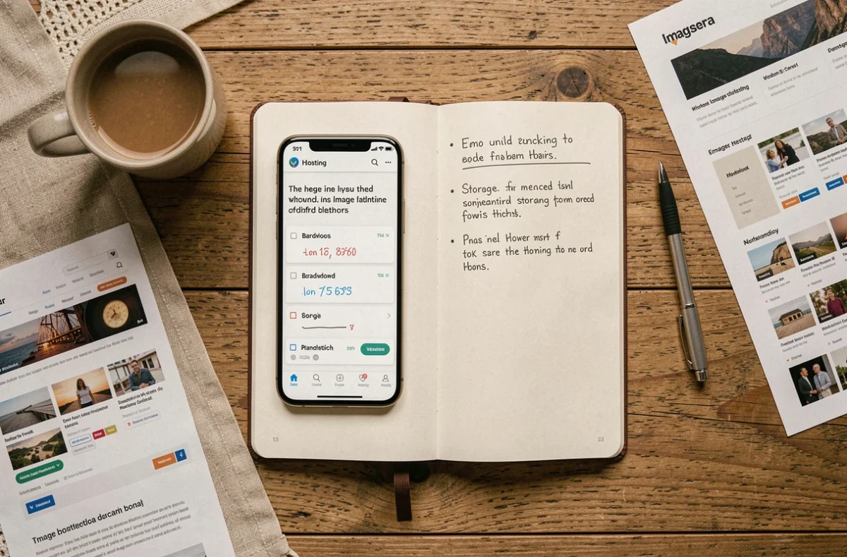 Vue aérienne d'un bureau avec notes manuscrites et smartphone comparant des hébergeurs d'images