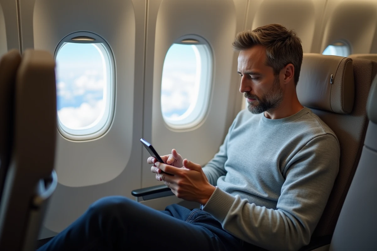 Passager vérifiant les paramètres de confidentialité sur son smartphone connecté au réseau Wi-Fi GPNet d'Air France en classe économique