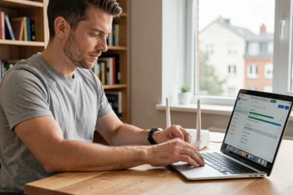 Homme configurant sa Freebox depuis un bureau à domicile avec un ordinateur portable affichant les paramètres réseau