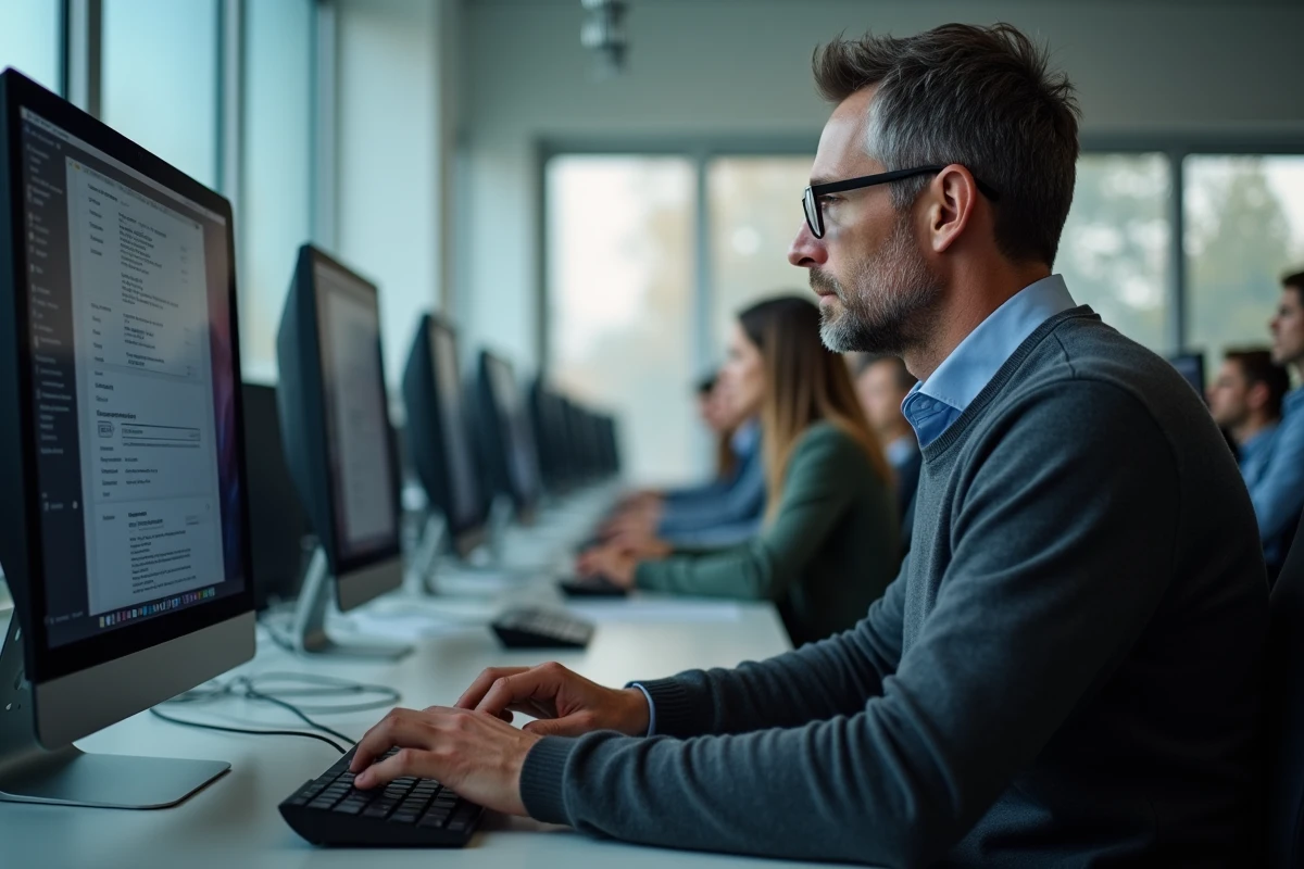 Homme configurant la redirection de mails académiques dans une salle informatique universitaire