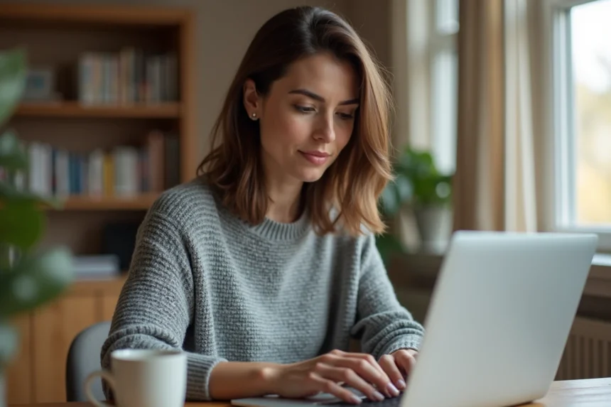 Femme connectant à sa messagerie AOL webmail sur un ordinateur portable dans un bureau à domicile