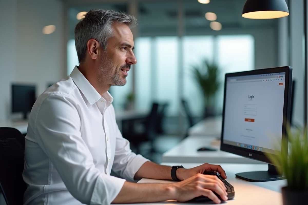 Homme se connectant à AOL webmail sur un ordinateur de bureau dans un espace de coworking moderne