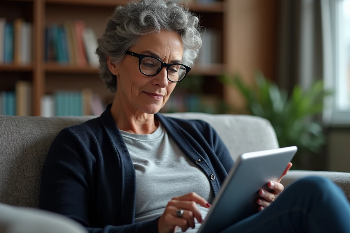 Femme âgée se connectant à sa messagerie AOL webmail sur une tablette dans un salon confortable