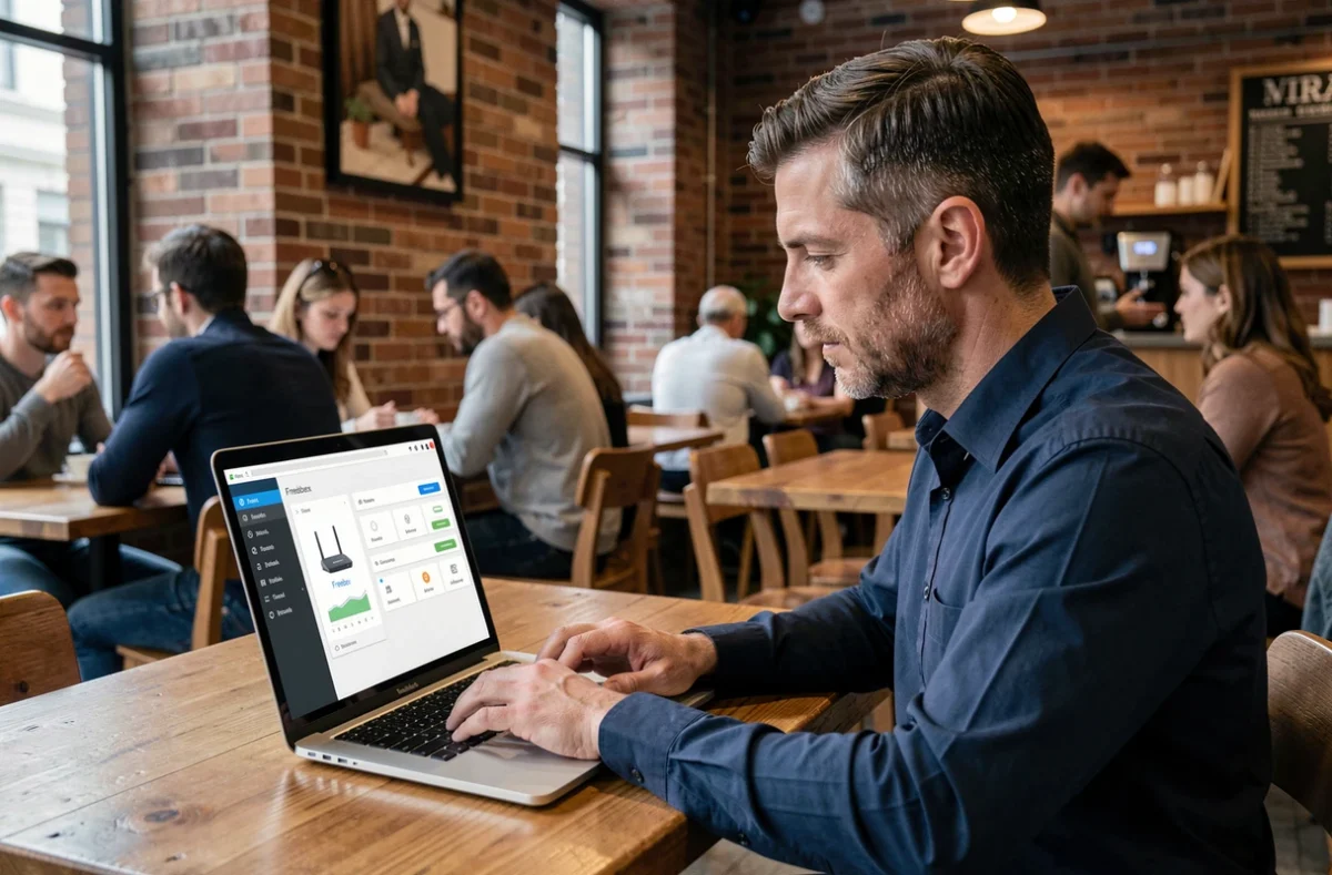 Homme se connectant à distance à sa Freebox depuis un café avec un ordinateur portable affichant un tableau de bord VPN
