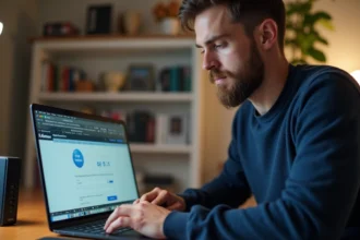 Homme connecté à l'interface mafreebox sur un ordinateur portable dans un bureau à domicile avec une Freebox posée sur le bureau