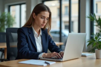 Femme professionnelle se connectant à sa messagerie web Dijon sur un ordinateur portable en bureau moderne
