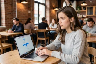 Jeune femme connectée à un portail WiFi sur son ordinateur portable dans un café urbain