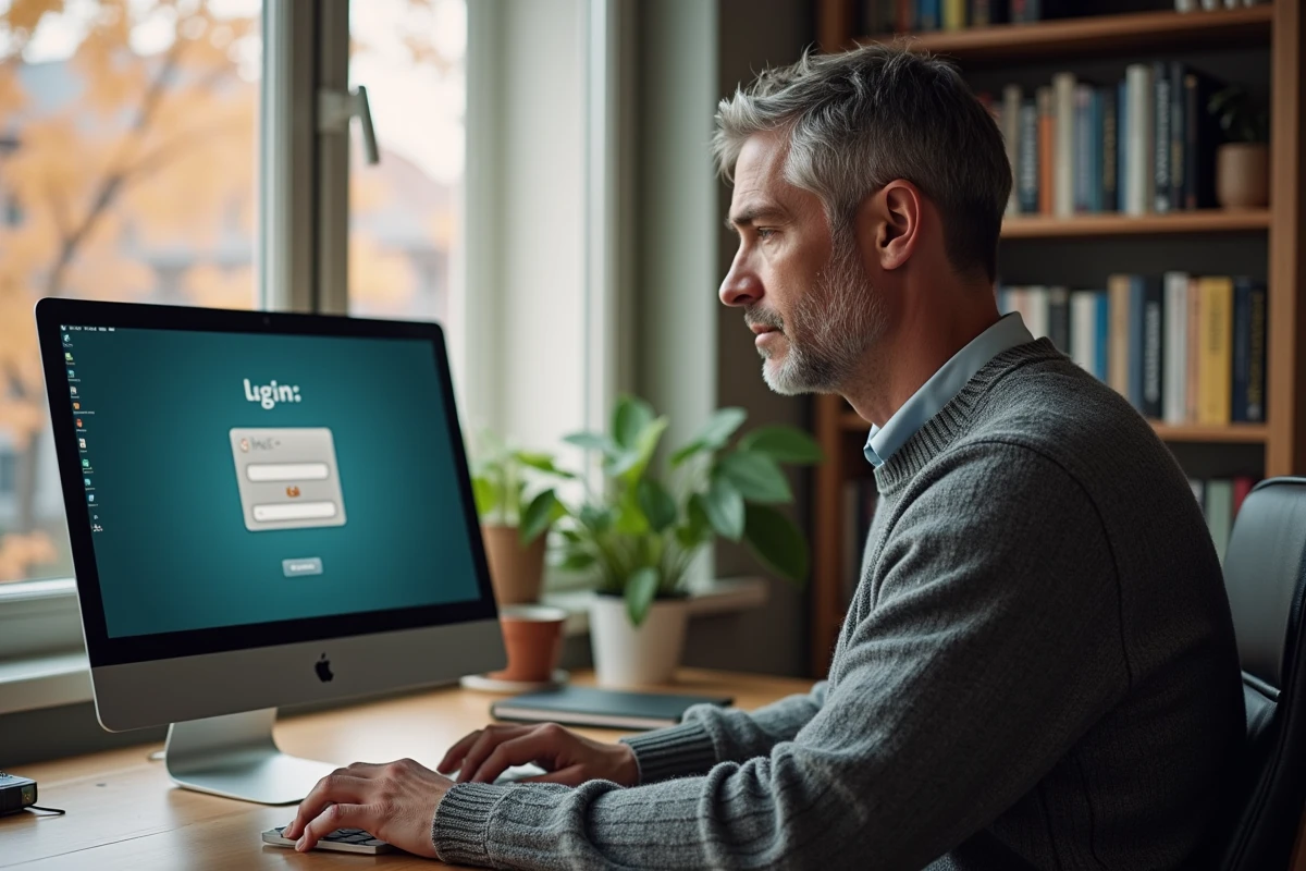 Homme connecté à une messagerie web sécurisée Dijon depuis son bureau à domicile sur un ordinateur de bureau